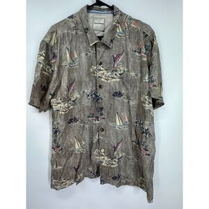 Tommy Bahama Men's XL Gray Silk Button Up Shirt Fish‎ Sailboat Palms Tropical